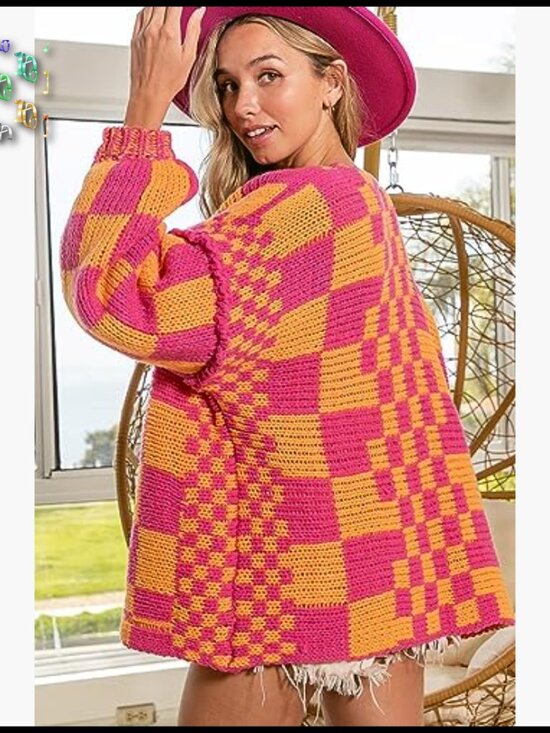 Vintage Plaid Cardigan Sweater Chunky Knit Oversized Boyfriend Style Open Front - Picture 3 of 7